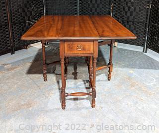 Hammary Drop-Leaf Accent Table with Inlaid Wood Drawer & Brass Handle