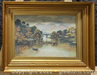Signed European Oil Canvas Painting in Glass Frame (C)