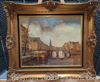 Beautiful Signed Oil Canvas Painting by Jan Van Beck in Ornate Gilded & Velvet Frame