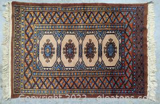 Cute Persian Wool Carpet Rug, Pale Rose Field w/ Black & Tan Geo Design 