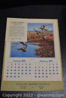 1951 Calendar “Game Birds” Tintogravure Reproductions of Original Oil Painting by Richard E. Bishop