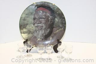Royal Doulton Australian Aborigine Fine China Collectible Plate & Set of 6 Glass Shot Glasses