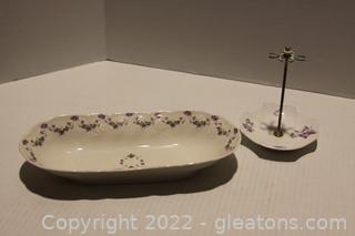 Vintage Long Narrow Violets Serving Bowl & Toothbrush Holder