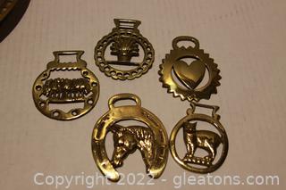 Vintage Brass Horseshoe Harness ,Medallion Manx Cat Horse Brass, Brass Heart & More Medallions