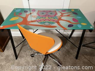 Glass Top Industrial Style Owl Desk with Swivel Chair