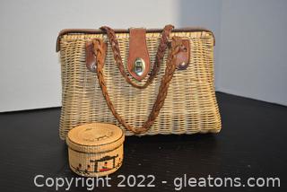 Vintage Retro Straw Handbag and Handmade Natural Fiber Trinket Box 