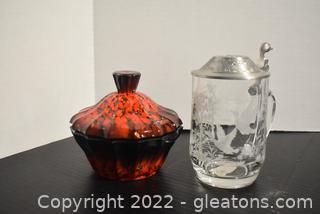 Vintage Etched Glass & Pewter German Beer Stein /  Italian Made Red & Gold Fused Art Glass Candy Jar 