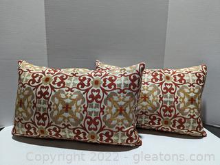 Very Nice Handmade Pair of Mosaic Patterned Feather Throw Pillows (A)