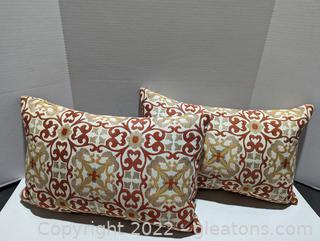 Very Nice Handmade Pair of Mosaic Patterned Feather Throw Pillows (B)