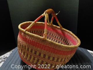 Hand Woven African Market Basket with Leather Handle (Does lean as pictured)