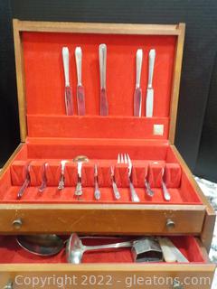 Vintage Flatware Box with Assorted Stainless and a Few Silverplate Flatware Pieces 