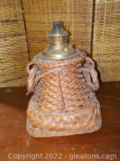 Antique Bradley and Hubbard Copper Oil Lamp Repurposed inside a Woven Basket
