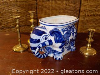 Blue and White Elephant Planter with 3 Solid Brass Candlesticks