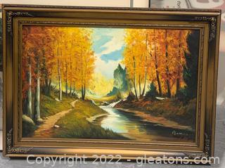 Framed Oil on Canvas of Autumn Trees Along A Stream by Artist Yen 