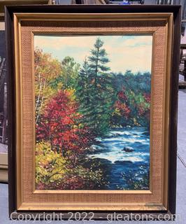 Framed Oil on Canvas of Autumn Trees with a Burlap Matte 