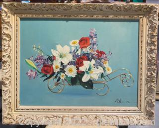 Framed Still Life of Florals in Basket with Blue Background by Artist Yen 