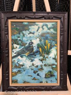 Framed Oil on Canvas of Blue Bird on Snowpacked Ground by Yen 