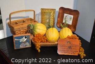 Dough Bowl - Faux Grapes and Melons - Picnic Utensil Basket - and a Few Plaques 