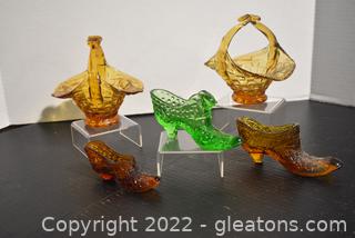 Two Hand Blown Amber Glass Baskets- 3 Slippers 