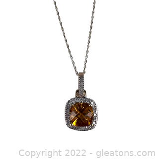 Brand New 1 Carat Citrine and Diamond Necklace 10K