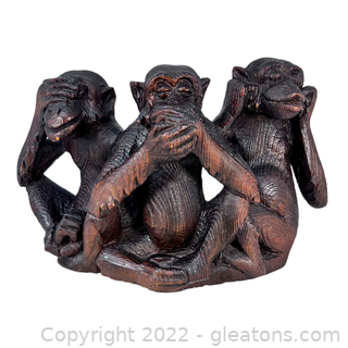 Antique Three Wise Monkeys Wooden Sculpture