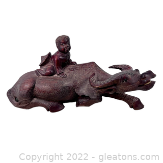 Vintage Asian Hand Carved Wood Statue of Water Buffalo & Boy