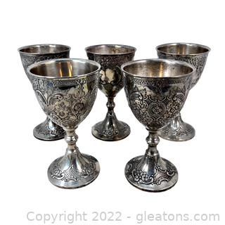 Vintage Set of 5 Silverplate Water / Wine Goblets