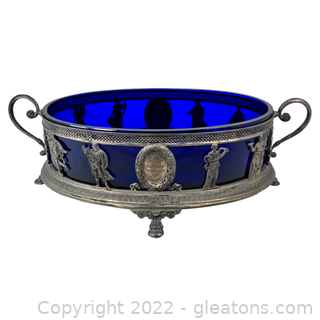 Vintage Silver Tone Cobalt Blue Footed Open Dish Bowl
