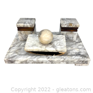 Nice White Marble Ink Well and Blotter Set