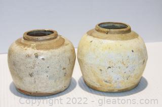 2 Vintage Pottery Vases with Glaze Design 