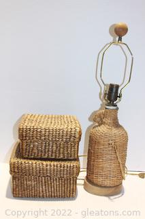 Woven Lamp on Wooden Base & 2 Woven Baskets with Lids 