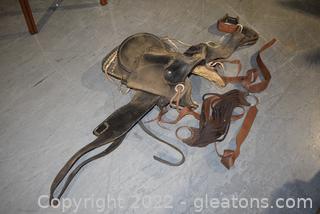 Old Leather Horse Saddle Under Belt with Wooden Stirrups 