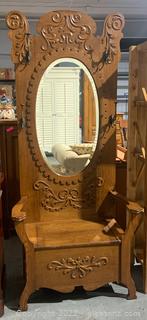 Antique Carved Oak Hall Tree with Beveled Mirror 