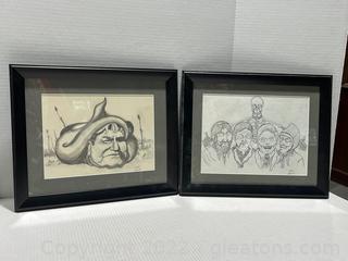 2 Unique Hand Drawn Framed Portraits 