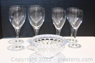 8 Gorgeous Clear Crystal Wine Glasses & Heavy Saw Tooth Edge Crystal Bowl 