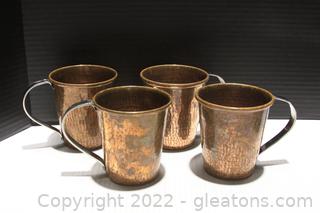 4 Hammered Copper Tumblers with Silvertoned Handles 