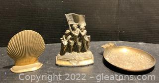 Three Brass Pieces Including Two Bookends and Ashtray 