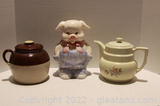 Vintage Pig Farmer Cookie Jar, Teapot & Jar 