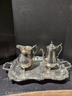 Silverplated Lot Featuring WM Rogers Coffee Pot, Leonard Pitcher & Tray 
