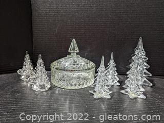 Lovely Crystal Candy Dish, Glass Tree Candle Holders, & Handblown Glass Trees 