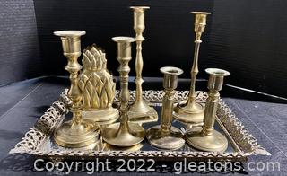 Beautiful Brass Candleholders on Mirrored Tray 