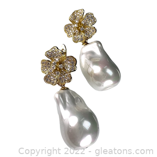 Cute Flower Faux Baroque Pearl & Cz Earrings