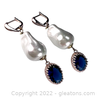 Adorable Faux Baroque Pearl & Blue Crystal Drop Earrings