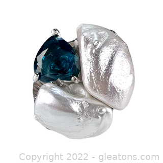 Nice Faux Baroque Pearl & Blue Crystal Ring