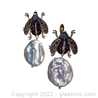 Unique Baroque Pearl and Swarovski Crystal Fly Earrings