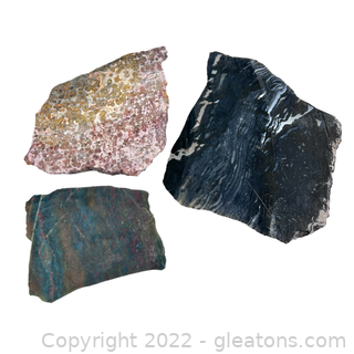 3 Slices of Raw Gemstones (Black Banded Agate, Leopard Skin Jasper & Red/Green Jasper)