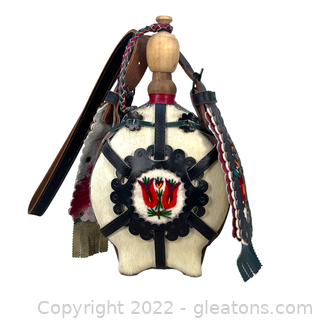 Native American Fur and Leather Wooden Canteen