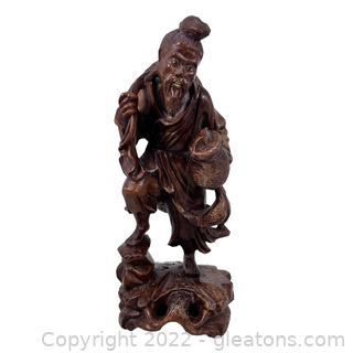 Antique Chinese Wooden Fisherman Figurine