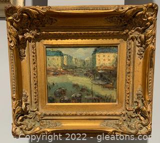 Gilded Framed Oil on Canvas of a European Street Scene