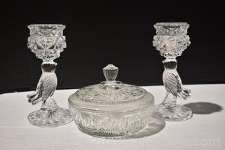 A Pair of Hofbauer Bird Crystal Candle Holder and Avon Powder Box 